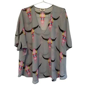 Show Me Your Mumu Donna Michelle Cow Skull Tunic Gray Blue Blouse Size S